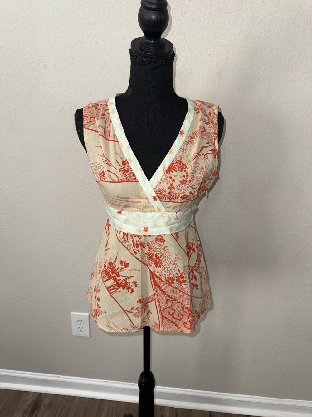 Anthropologie FEI Cotton Silk Toile Asian Chinoiserie Wrap Blouse Sz 8 Orange